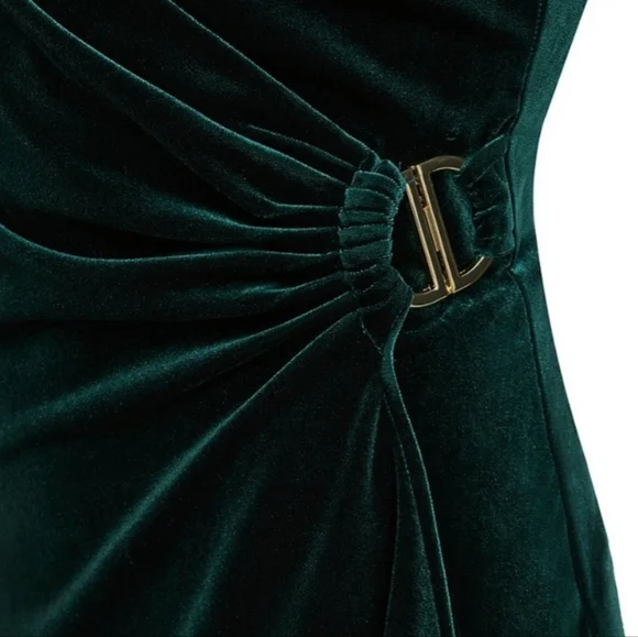 NWOT DKNY Long Sleeve Ruched Bodice Faux Wrap Velvet Midi Dress:Hunter Green: 16 - Picture 3 of 13